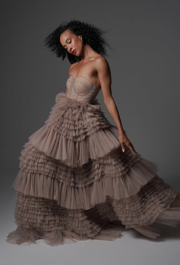 Model Wearing Blush Beige Princess Dress