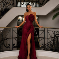 Scarlet Ruffle Ruby Red Evening Gown with Floral Appliques by MerinoLook