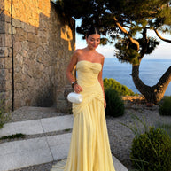 Soleil Draped Gown strapless yellow evening dress in Toronto by MerinoLook Boutique